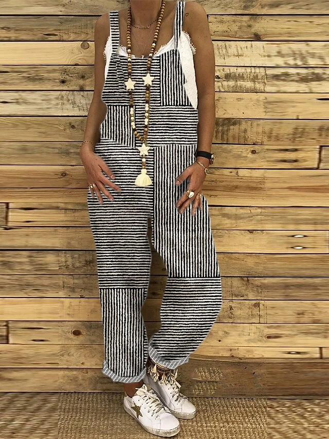 Women's Overall Pocket Print Striped Holiday Daily Vacation Straight Regular Fit Sleeveless Sleeveless Black White Red S M L Summer 1 Women's Overall Pocket Print Striped Holiday Daily Vacation Straight Regular Fit Sleeveless Sleeveless Black White Red S M L Summer