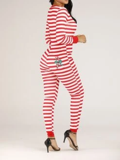 Women's Jumpsuit Button Print Striped V Neck Streetwear Christmas Street Xmas Regular Fit Long Sleeve Pink Red Blue S M L Fall -Cheap Plus Fit Dress Store ogsemk1695792378795