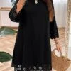 Women's Plus Size Curve Casual Dress Black Dress A Line Dress Solid Color Midi Dress 3/4 Length Sleeve Lace Up Cut Out Crew Neck Fashion Outdoor Black Summer Spring L XL XXL 3XL 4XL