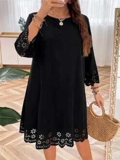 Women's Plus Size Curve Casual Dress Black Dress A Line Dress Solid Color Midi Dress 3/4 Length Sleeve Lace Up Cut Out Crew Neck Fashion Outdoor Black Summer Spring L XL XXL 3XL 4XL