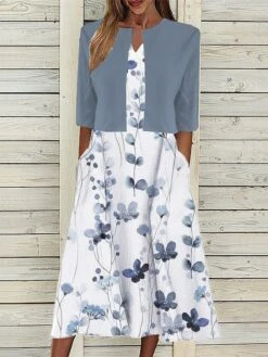 Women's Two Piece Dress Set Casual Dress Tank Dress Outdoor Daily Fashion Streetwear Pocket Print Midi Dress V Neck 3/4 Length Sleeve Floral Regular Fit Yellow Blue Fuchsia Summer Spring S M L XL XXL -Cheap Plus Fit Dress Store ogyzix1689736397177