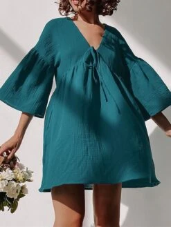 Women's Casual Dress Cotton Dress Swing Dress Mini Dress Cotton Fashion Modern Outdoor Daily Holiday V Neck Lace Up Ruched 3/4 Length Sleeve Fall Winter Autumn 2023 Loose Fit Light Green Blue Purple