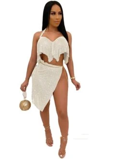 Women‘s Dress Set Two Piece Dress Skirt Set Mini Dress Silver Black Golden Sleeveless Pure Color Backless Spring & Summer Halter Sexy 2023 S M L XL XXL