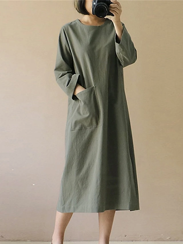 Women's Casual Dress Cotton Linen Dress Midi Dress Cotton Blend Basic Casual Outdoor Daily Vacation Crew Neck Pocket Long Sleeve Summer Spring Fall 2023 Loose Fit Black Wine Navy Blue Plain S M L XL 1 Women's Casual Dress Cotton Linen Dress Midi Dress Cotton Blend Basic Casual Outdoor Daily Vacation Crew Neck Pocket Long Sleeve Summer Spring Fall 2023 Loose Fit Black Wine Navy Blue Plain S M L XL