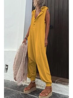 Women's Jumpsuits Casual Utility Button Solid Color Hooded Streetwear Daily Vacation Regular Fit Sleeveless Black Yellow Purple S M L Summer Fall -Cheap Plus Fit Dress Store oisuvy1677565870760