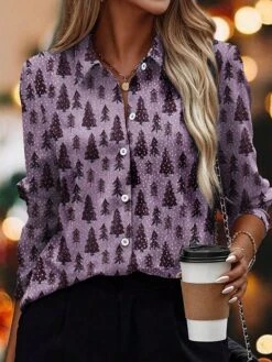 Women's Blouse Christmas Shirt Blue Purple Green Christmas Tree Button Print Long Sleeve Christmas Casual Festival / Holiday Shirt Collar Regular Fit Spring &Fall -Cheap Plus Fit Dress Store oixvpe1697016003610