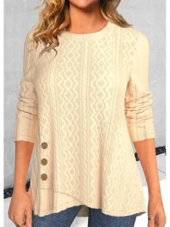 Women's T Shirt Tee Textured Yellow Plain Button Print Long Sleeve Daily Weekend Fashion Round Neck Regular Fit Painting Spring &Fall