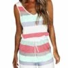 Women's Romper Pocket Print Striped V Neck Streetwear Daily Vacation Regular Fit Sleeveless Red Blue Green S M L Summer