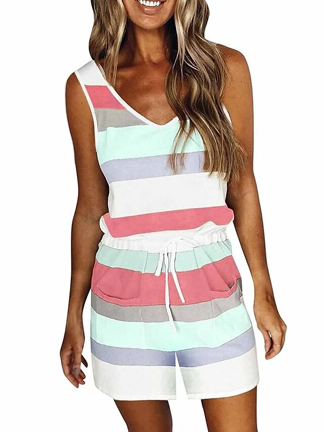 Women's Romper Pocket Print Striped V Neck Streetwear Daily Vacation Regular Fit Sleeveless Red Blue Green S M L Summer 1 Women's Romper Pocket Print Striped V Neck Streetwear Daily Vacation Regular Fit Sleeveless Red Blue Green S M L Summer