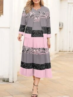 Women's Plus Size Curve Casual Dress Dress Set Two Piece Dress Stripe Midi Dress Long Sleeve Print Crew Neck Fashion Outdoor Pink Fall Winter L XL XXL 3XL 4XL