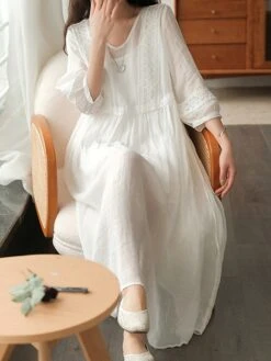 Women's Casual Dress Cotton Linen Dress Swing Dress Midi Dress Cotton Blend Basic Casual Outdoor Daily V Neck Ruched 3/4 Length Sleeve Summer Spring 2023 Loose Fit Black White Yellow Pure Color M L -Cheap Plus Fit Dress Store ojvgnb1677135412052