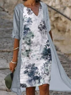 Women's Dress Set Two Piece Dress A Line Dress Midi Dress Light Blue Gray Half Sleeve Floral Print Summer Spring V Neck Elegant 2023 S M L XL XXL 3XL -Cheap Plus Fit Dress Store ojydym1645176767426