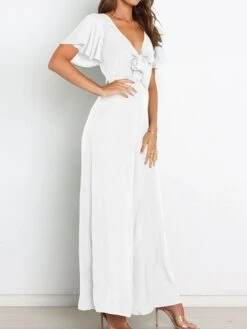 Women's Jumpsuit Ruffle Backless Solid Color V Neck Streetwear Street Daily Regular Fit Short Sleeve Green Wine Navy Blue S M L Spring / Bow -Cheap Plus Fit Dress Store okdzwe1647857553067