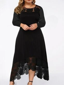 Women‘s Plus Size Curve Party Dress Lace Dress Cocktail Dress Midi Dress Black Wine Blue Long Sleeve Pure Color Lace Summer Spring Fall Crew Neck Fashion Winter Dress Birthday Wedding Guest 2023
