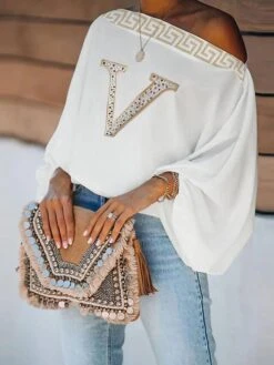 Women's Shirt Blouse White Gold Letter Portrait Off Shoulder Print Long Sleeve Casual Basic Off Shoulder Regular Fit Portrait