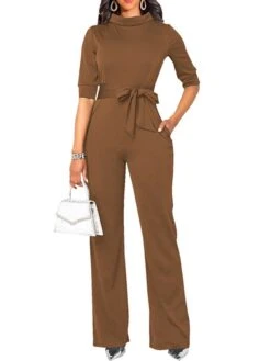 Women's Jumpsuit Solid Color Stand Collar Basic Office Street Regular Fit 3/4 Length Sleeve Wine Army Green Brown S M L Spring -Cheap Plus Fit Dress Store okxohz1640254127143