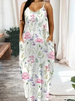 Women‘s Plus Size Curve Casual Dress Strap Dress Leaf Floral Long Dress Maxi Dress Sleeveless Print Strap Romantic Daily White Yellow Summer Spring L XL XXL 3XL 4XL -Cheap Plus Fit Dress Store olenvs1684150564919