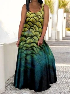 Women‘s Plus Size Curve Casual Dress Swing Dress Strap Dress Peacock Feather Long Dress Maxi Dress Sleeveless Print Strap Romantic Daily Deep Green Multicolor Summer Spring L XL XXL 3XL 4XL -Cheap Plus Fit Dress Store oljhdi1679050306298
