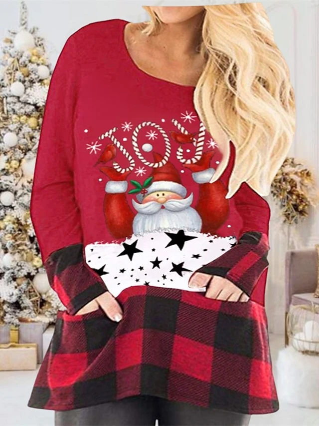 Women's Plus Size Christmas T Shirt Dress Tee Dress Plaid Crew Neck Print Long Sleeve Spring Fall Casual Mini Dress Daily Dress 4 Women's Plus Size Christmas T Shirt Dress Tee Dress Plaid Crew Neck Print Long Sleeve Spring Fall Casual Mini Dress Daily Dress - Image 4