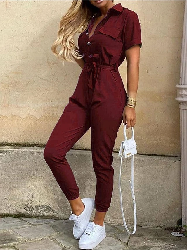 Women's Jumpsuits Casual Summer Button Solid Color Shirt Collar Streetwear Daily Vacation Regular Fit Short Sleeve Pink Wine Navy Blue S M L 2 Women's Jumpsuits Casual Summer Button Solid Color Shirt Collar Streetwear Daily Vacation Regular Fit Short Sleeve Pink Wine Navy Blue S M L - Image 2