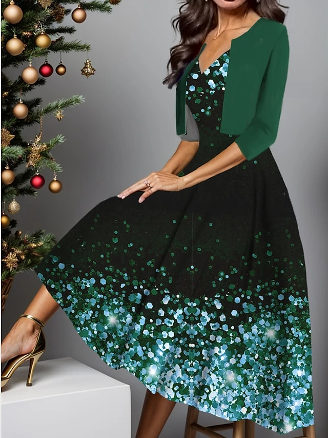 Women's Two Piece Dress Set Casual Dress Swing Dress Outdoor Daily Fashion Elegant Print Midi Dress V Neck Half Sleeve Ombre Regular Fit Wine Blue Gold Fall Winter S M L XL XXL 2 Women's Two Piece Dress Set Casual Dress Swing Dress Outdoor Daily Fashion Elegant Print Midi Dress V Neck Half Sleeve Ombre Regular Fit Wine Blue Gold Fall Winter S M L XL XXL - Image 2