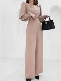 Women's Jumpsuit Patchwork Solid Color V Neck Streetwear Office Work Wide Leg Regular Fit Long Sleeve Black Khaki S M L Fall