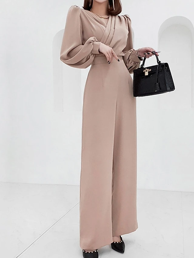 Women's Jumpsuit Patchwork Solid Color V Neck Streetwear Office Work Wide Leg Regular Fit Long Sleeve Black Khaki S M L Fall 1 Women's Jumpsuit Patchwork Solid Color V Neck Streetwear Office Work Wide Leg Regular Fit Long Sleeve Black Khaki S M L Fall