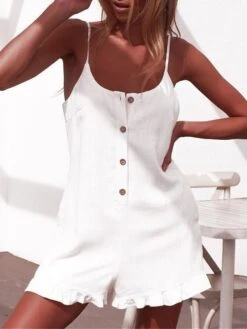 White Jumpsuits For Women Romper Ruffle Button Solid Color Crew Neck Streetwear Street Daily Regular Fit Spaghetti Strap Black Orange S M L Summer -Cheap Plus Fit Dress Store omqbbz1680073082351