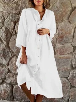 Women's Casual Dress Cotton Linen Dress Swing Dress Midi Dress Cotton Blend Basic Classic Outdoor Daily Vacation Stand Collar Button Pocket 3/4 Length Sleeve Summer Spring Autumn 2023 Loose Fit Black -Cheap Plus Fit Dress Store omvmps1682650909831