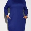 Women's Plus Size Curve Casual Dress Winter Dress T Shirt Dress Tee Dress Plain Mini Dress Long Sleeve Pocket Crew Neck Fashion Outdoor Blue Fall Winter XL XXL 3XL