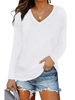 Women Long Sleeve V Neck T Shirts Casual Loose Fit Basic Tee Tunic Tops With Side Shirring(white,large)