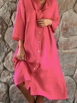 Women's Casual Dress Cotton Linen Dress Swing Dress Midi Dress Cotton Blend Basic Classic Outdoor Daily Vacation Stand Collar Button Pocket 3/4 Length Sleeve Summer Spring Autumn 2023 Loose Fit Black -Cheap Plus Fit Dress Store ondotm1687849044789