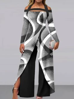 Women's Jumpsuit Print Geometric Off Shoulder Elegant Party Holiday Wide Leg Regular Fit Long Sleeve Black Red Khaki S M L All Seasons