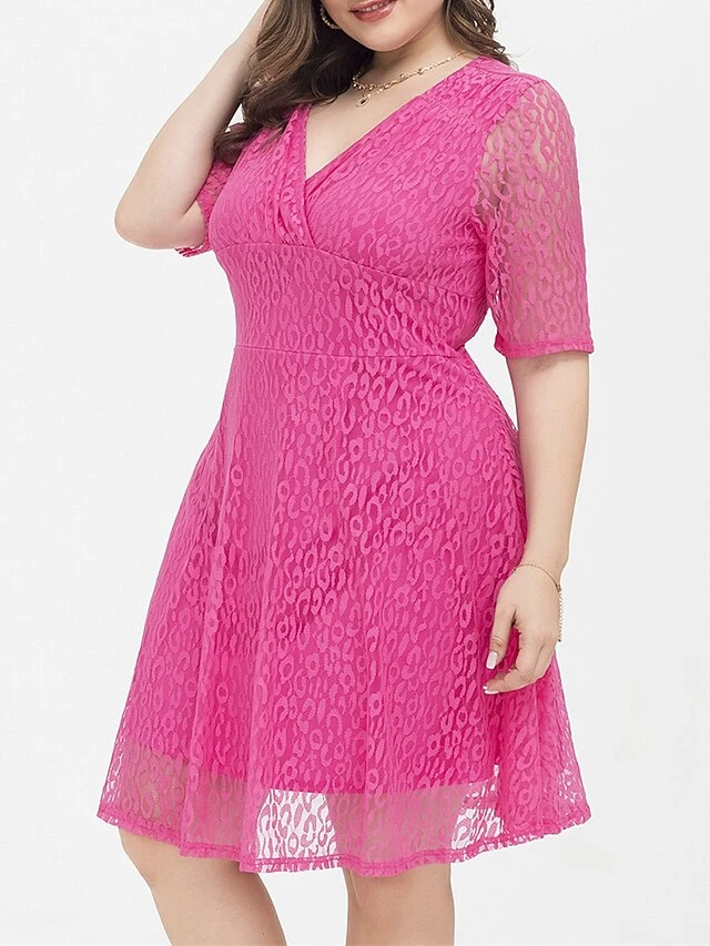 Women's Plus Size Curve Party Dress Lace Dress Cocktail Dress Midi Dress Fuchsia Half Sleeve Pure Color Lace Summer Spring Fall V Neck Fashion Birthday Wedding Guest Vacation 2023 XL XXL 3XL 4XL 2 Women's Plus Size Curve Party Dress Lace Dress Cocktail Dress Midi Dress Fuchsia Half Sleeve Pure Color Lace Summer Spring Fall V Neck Fashion Birthday Wedding Guest Vacation 2023 XL XXL 3XL 4XL - Image 2