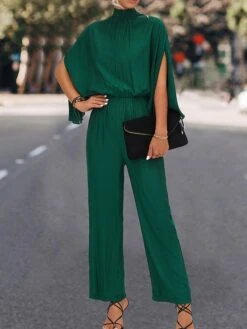 Women's Jumpsuit High Waist Solid Color Stand Collar Streetwear Work Street Xmas Regular Fit 3/4 Length Sleeve Black Green S M L Fall