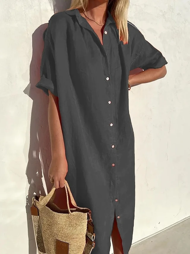 Women's Shirt Dress Casual Dress Midi Dress Daily Cotton Casual Shirt Collar Button Short Sleeve Summer Spring Fall 2023 Loose Fit ArmyGreen Black Red Plain XS S M L XL 3 Women's Shirt Dress Casual Dress Midi Dress Daily Cotton Casual Shirt Collar Button Short Sleeve Summer Spring Fall 2023 Loose Fit ArmyGreen Black Red Plain XS S M L XL - Image 3