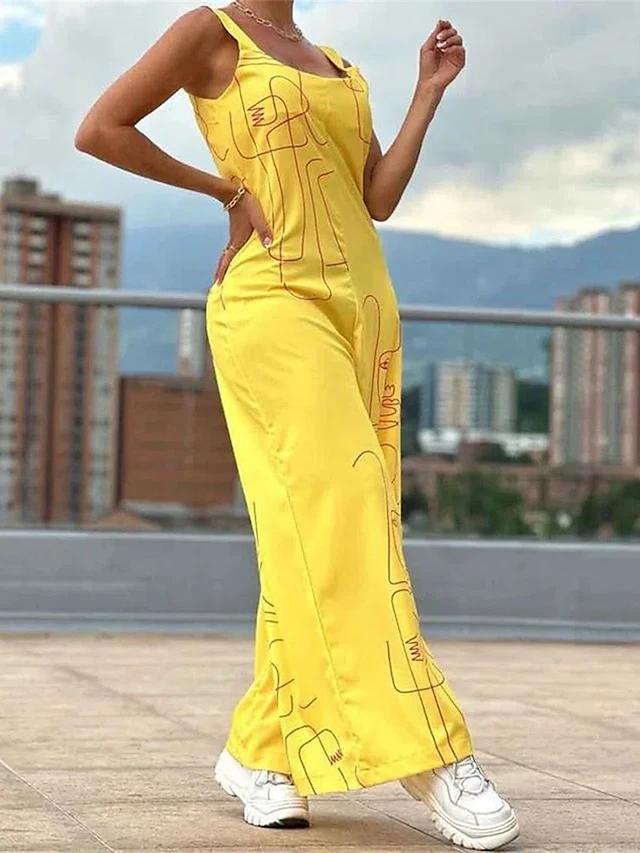 Women's Jumpsuit Print Geometric U Neck Streetwear Street Going Out Regular Fit Strap Yellow S M L Fall 3 Women's Jumpsuit Print Geometric U Neck Streetwear Street Going Out Regular Fit Strap Yellow S M L Fall - Image 3
