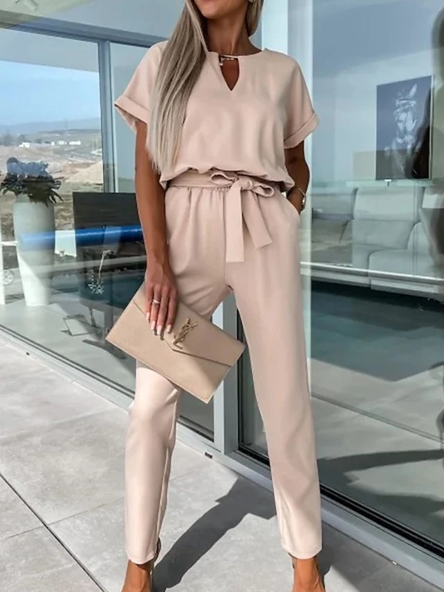 Women's Jumpsuits Casual Summer Lace Up High Waist Solid Color Crew Neck Business Office Work Loose Fit Short Sleeve Black Pink Fuchsia S M L 1 Women's Jumpsuits Casual Summer Lace Up High Waist Solid Color Crew Neck Business Office Work Loose Fit Short Sleeve Black Pink Fuchsia S M L