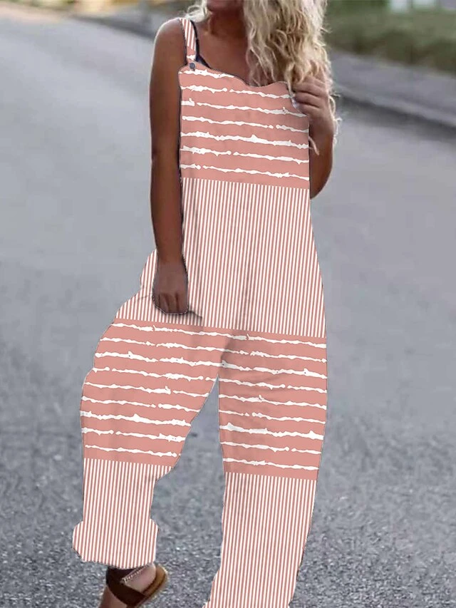 Women's Jumpsuit Print Striped Crew Neck Holiday Daily Vacation Straight Loose Fit Strap Sleeveless Pink Blue Brown S M L All Seasons 2 Women's Jumpsuit Print Striped Crew Neck Holiday Daily Vacation Straight Loose Fit Strap Sleeveless Pink Blue Brown S M L All Seasons - Image 2