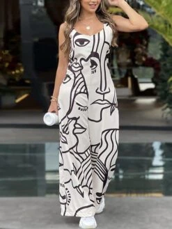 Women's Jumpsuit Print Abstract Crew Neck Streetwear Daily Vacation Wide Leg Loose Fit Sleeveless Black White Camel S M L Summer