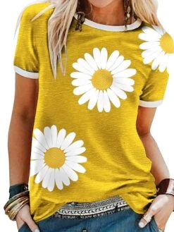 Women's T Shirt Tee Yellow Red Blue Floral Sunflower Daisy Short Sleeve Daily Round Neck Loose Fit Summer -Cheap Plus Fit Dress Store opibqi1637298846288