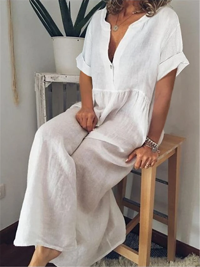 Women's Casual Dress Cotton Linen Dress Maxi Long Dress Cotton Blend Basic Classic Outdoor Daily Vacation Split Neck Button Short Sleeve Summer Spring 2023 Loose Fit Black White Blue Plain S M L XL 1 Women's Casual Dress Cotton Linen Dress Maxi Long Dress Cotton Blend Basic Classic Outdoor Daily Vacation Split Neck Button Short Sleeve Summer Spring 2023 Loose Fit Black White Blue Plain S M L XL