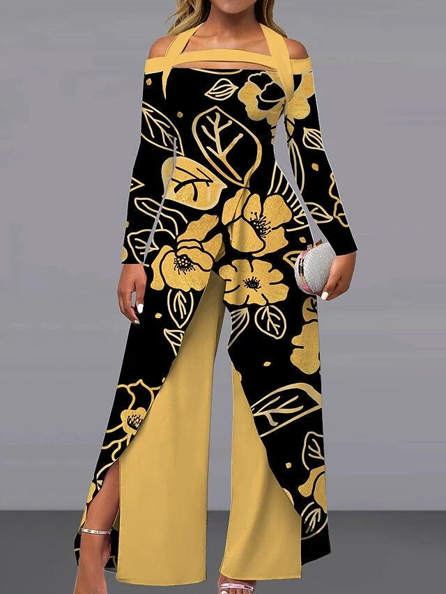 Women's Jumpsuit Print Floral Off Shoulder Elegant Wedding Party Wide Leg Regular Fit Long Sleeve Black Yellow Khaki S M L All Seasons 2 Women's Jumpsuit Print Floral Off Shoulder Elegant Wedding Party Wide Leg Regular Fit Long Sleeve Black Yellow Khaki S M L All Seasons - Image 2