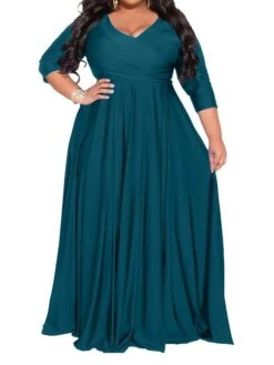 Women‘s Plus Size Curve Party Dress Pure Color V Neck 3/4 Length Sleeve Fall Spring Elegant Maxi Long Dress Party Evening Party Dress -Cheap Plus Fit Dress Store osavbj1672020374574