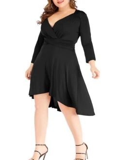 Women's Plus Size Curve Work Dress Black Dress A Line Dress Fashion Midi Dress Ruched V Neck Long Sleeve Plain Loose Fit Black Wine Blue Fall XL XXL 3XL 4XL 5XL -Cheap Plus Fit Dress Store osefhc1693203477847