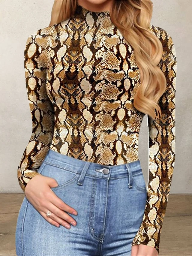 Women's Bodysuit Print Leopard Stand Collar Streetwear Street Daily Regular Fit Long Sleeve Picture Color 1 Picture Color 2 Picture Color 3 S M L Fall 14 Women's Bodysuit Print Leopard Stand Collar Streetwear Street Daily Regular Fit Long Sleeve Picture Color 1 Picture Color 2 Picture Color 3 S M L Fall - Image 14