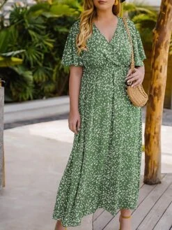 Women‘s Plus Size Curve Casual Dress Swing Dress Floral Dress Polka Dot Midi Dress Short Sleeve Print V Neck Fashion Daily Red Orange Summer Spring XL XXL 3XL 4XL -Cheap Plus Fit Dress Store osgoar1676458009984