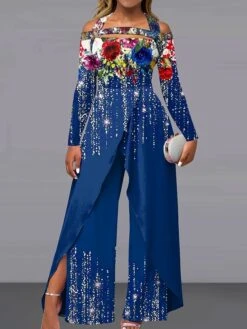 Women's Jumpsuit Print Floral Off Shoulder Elegant Wedding Party Wide Leg Regular Fit Long Sleeve Blue S M L All Seasons