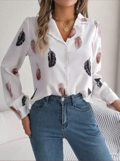 Women's Shirt Blouse White Wine Blue Feather Button Print Long Sleeve Work Daily Shirt Collar Regular Fit Spring &Fall