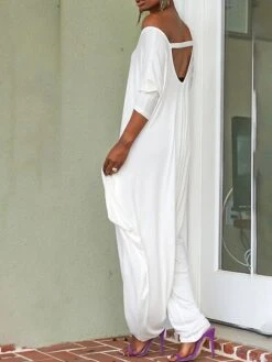 Women's Jumpsuit Backless Solid Color V Neck Streetwear Street Going Out Casual Regular Fit 3/4 Length Sleeve Black White S M L Summer -Cheap Plus Fit Dress Store ospctf1684490361814